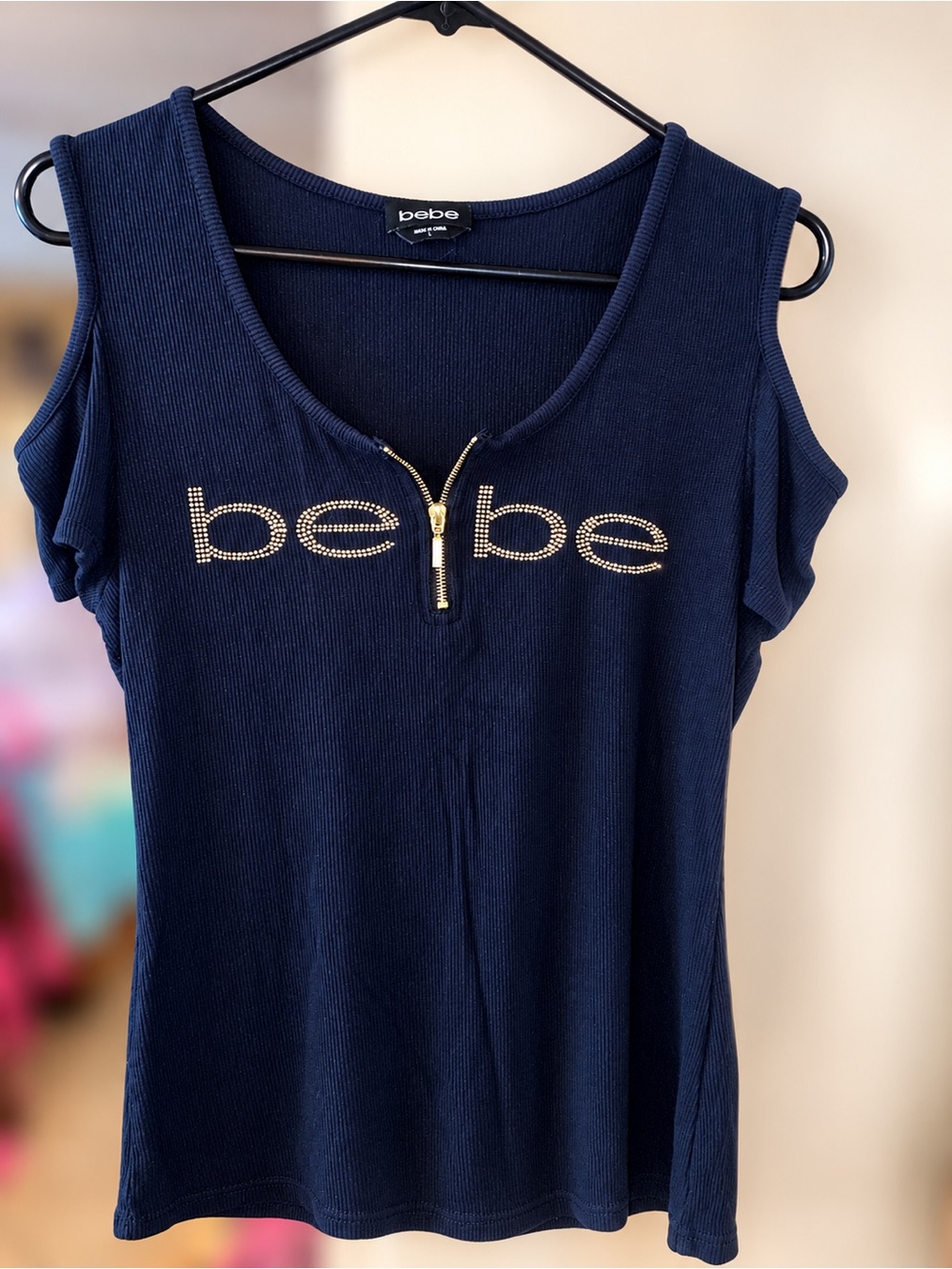 bebe Navy Ribbed Cold-Shoulder Tank with Gold Rhinestone Logo & Zip